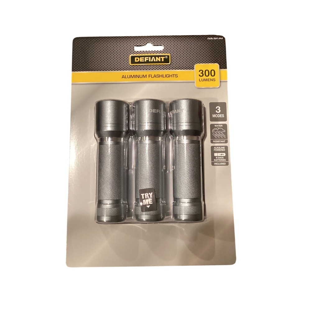 Defiant 3-Pack Aluminum Flashlights 300 Lumens Water Resistant Grey 1008 524 444